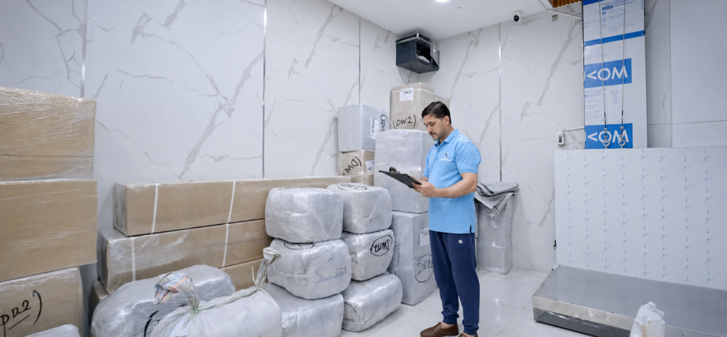 Aray Cargo employee checking packaged commercial cargo in Dubai