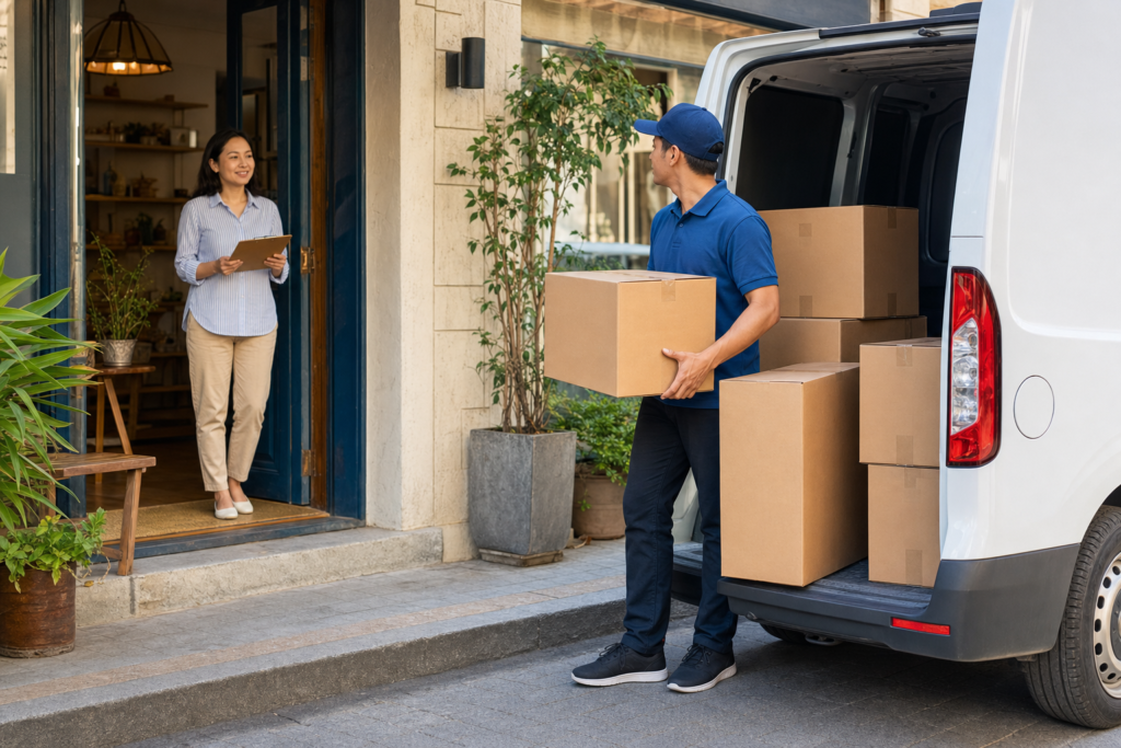 Cargo worker handling boxed door-to-door shipments beside a delivery van