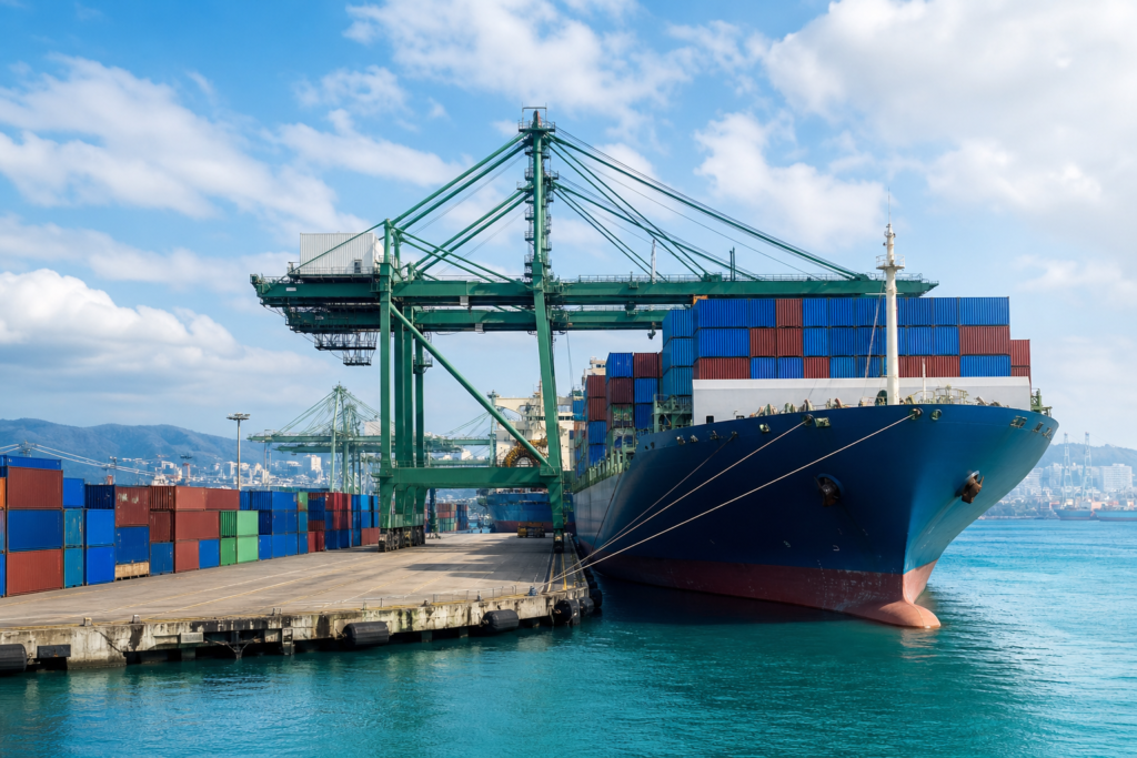 Container ship and freight containers at an international seaport